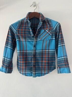 Boys Blue Plaid Button-Up Shirt with Chest Pocket